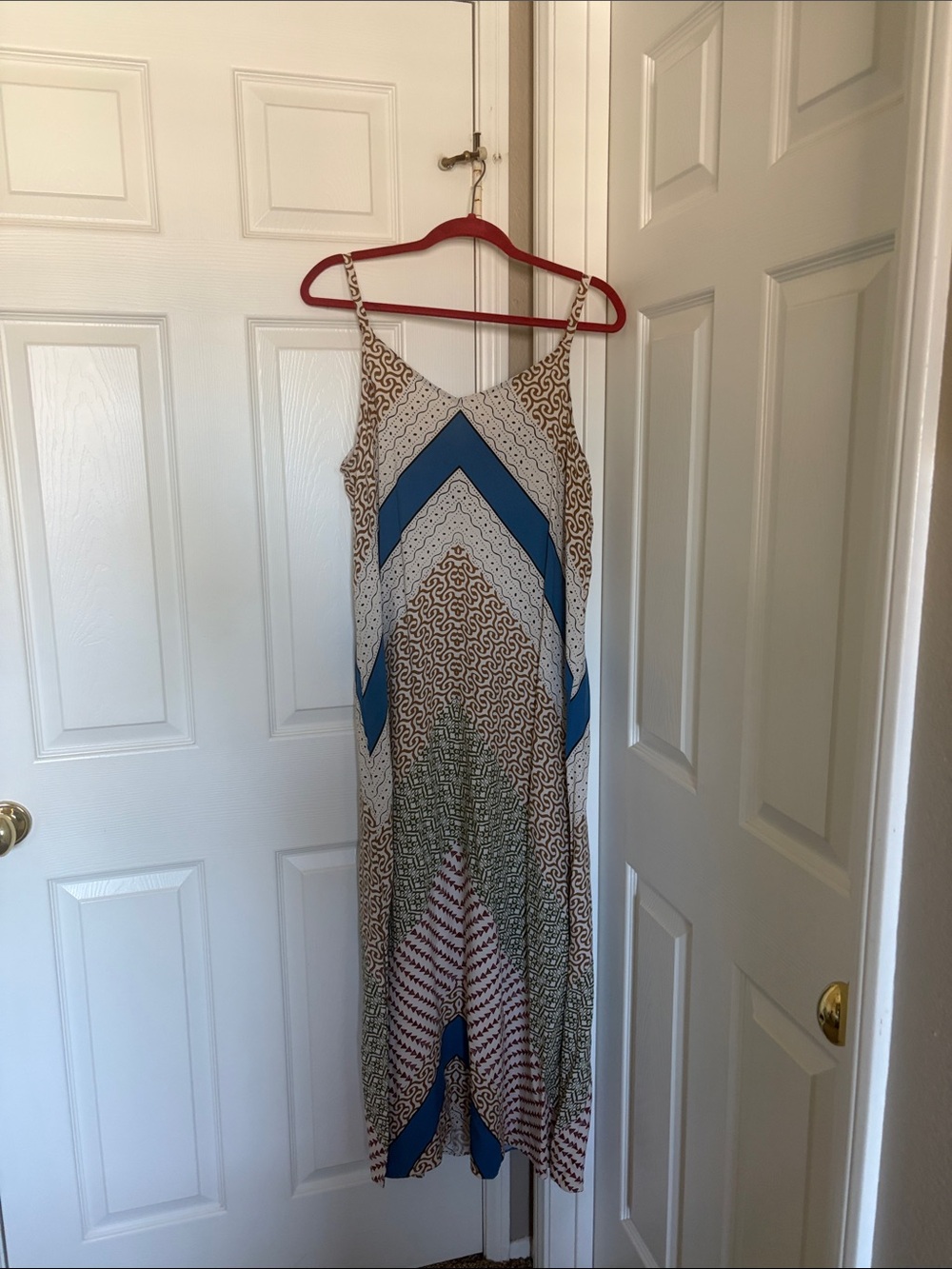 Vince Camuto Blue Green and Tan Patterned Maxi Slip Dress